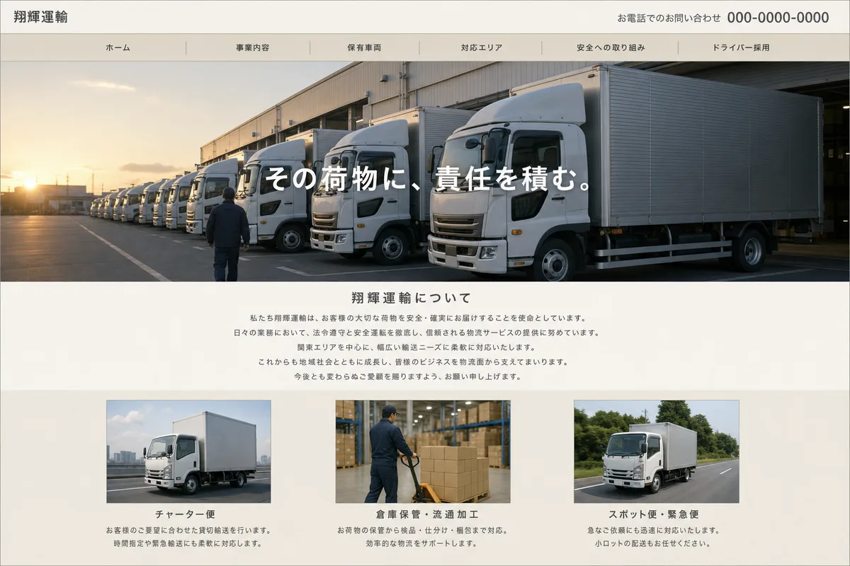 無料テンプレートにありがちな構成の例（写真の上に社名を重ねただけの構成）