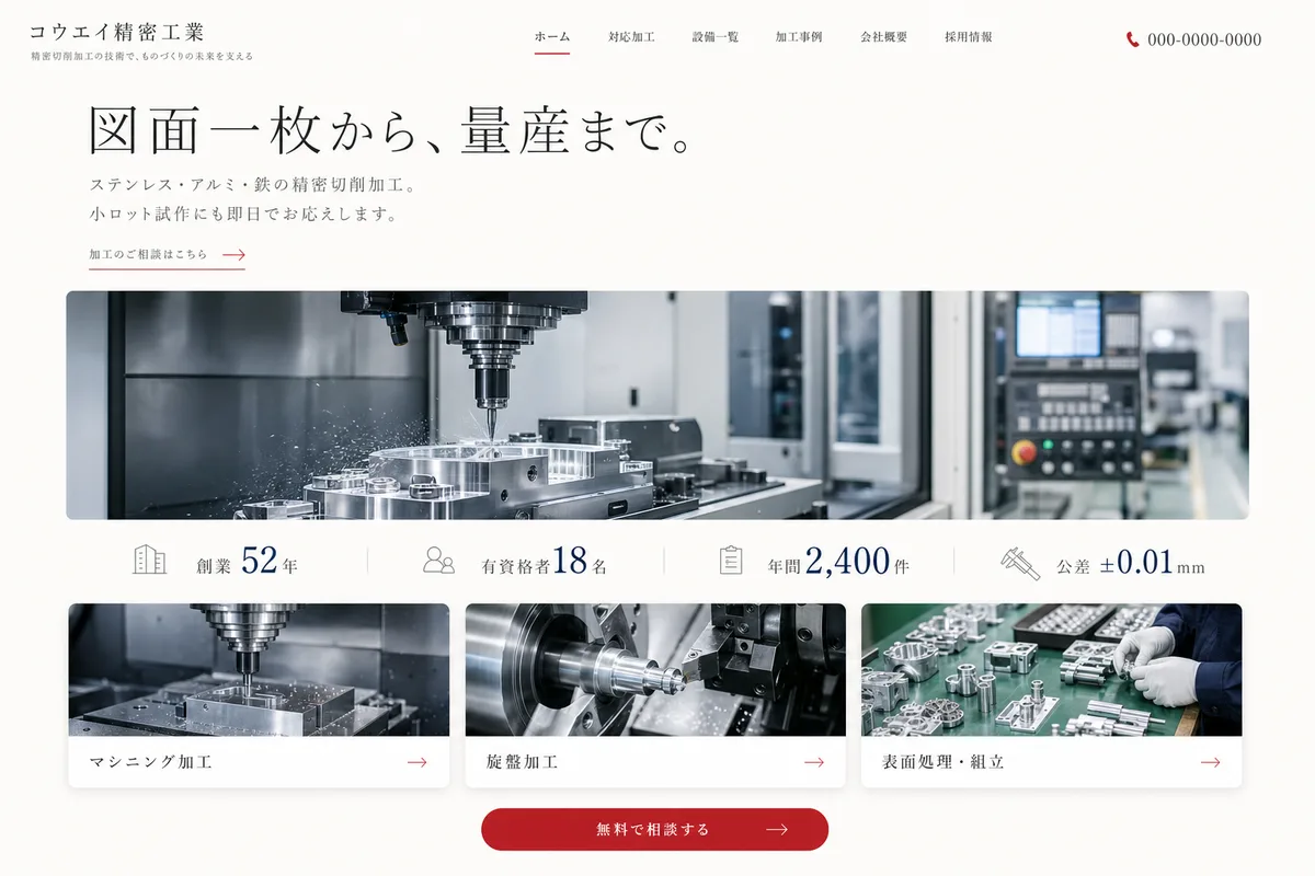 当社が制作する場合のデザイン例（E案：余白を広くとった、静かな白基調）