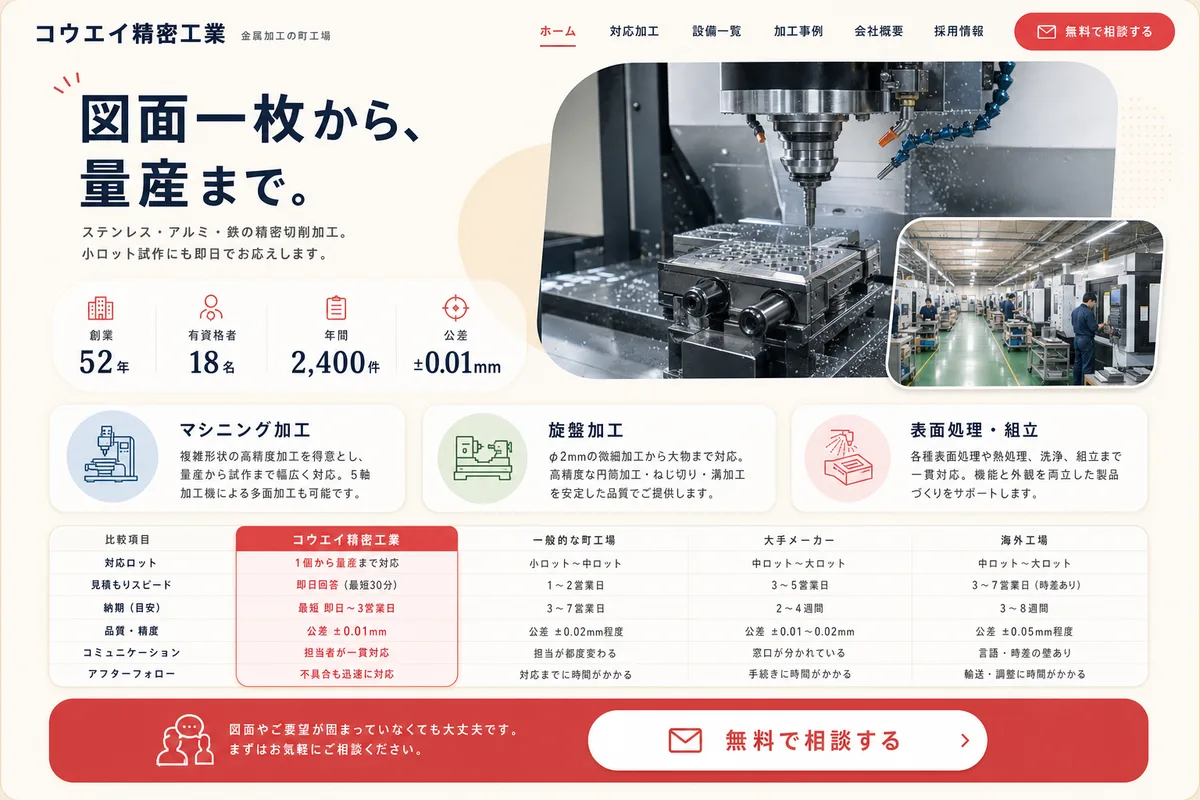 当社が制作する場合のデザイン例（F案：明るい配色と比較表で、選びやすくする型）