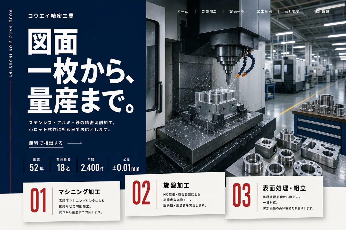 当社が制作する場合のデザイン例（G案：色面と写真を組み合わせ、手順を見せる型）