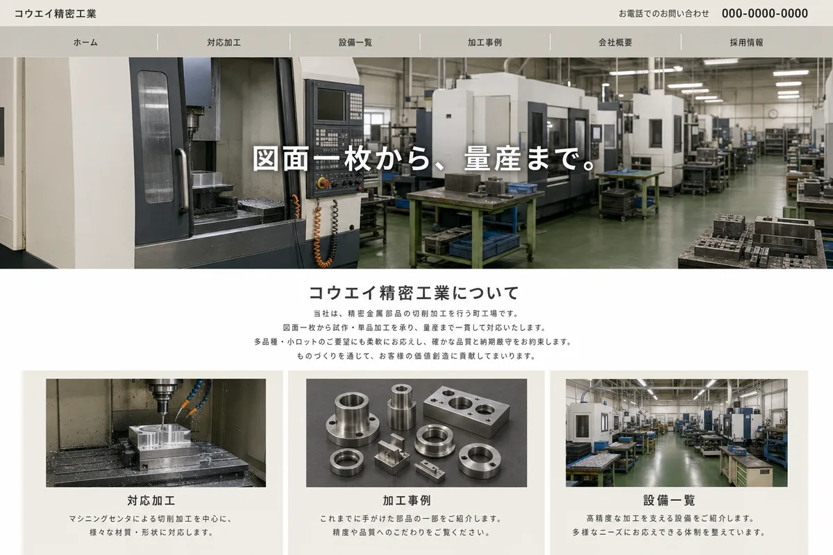 無料テンプレートにありがちな構成の例（写真の上に社名を重ねただけの構成）