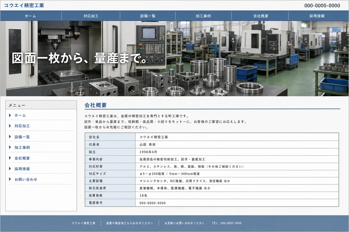 無料テンプレートにありがちな構成の例（情報が均等に並び、優先順位がない構成）