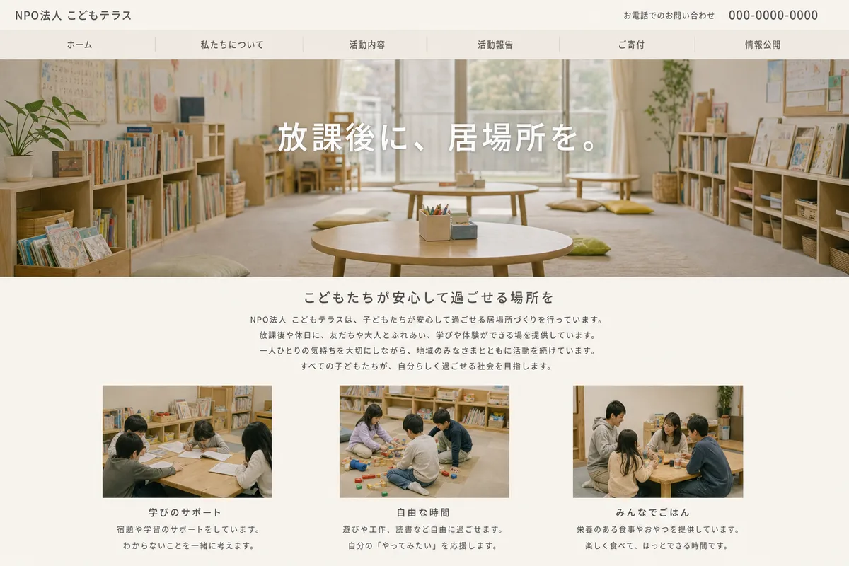 無料テンプレートにありがちな構成の例（写真の上に社名を重ねただけの構成）