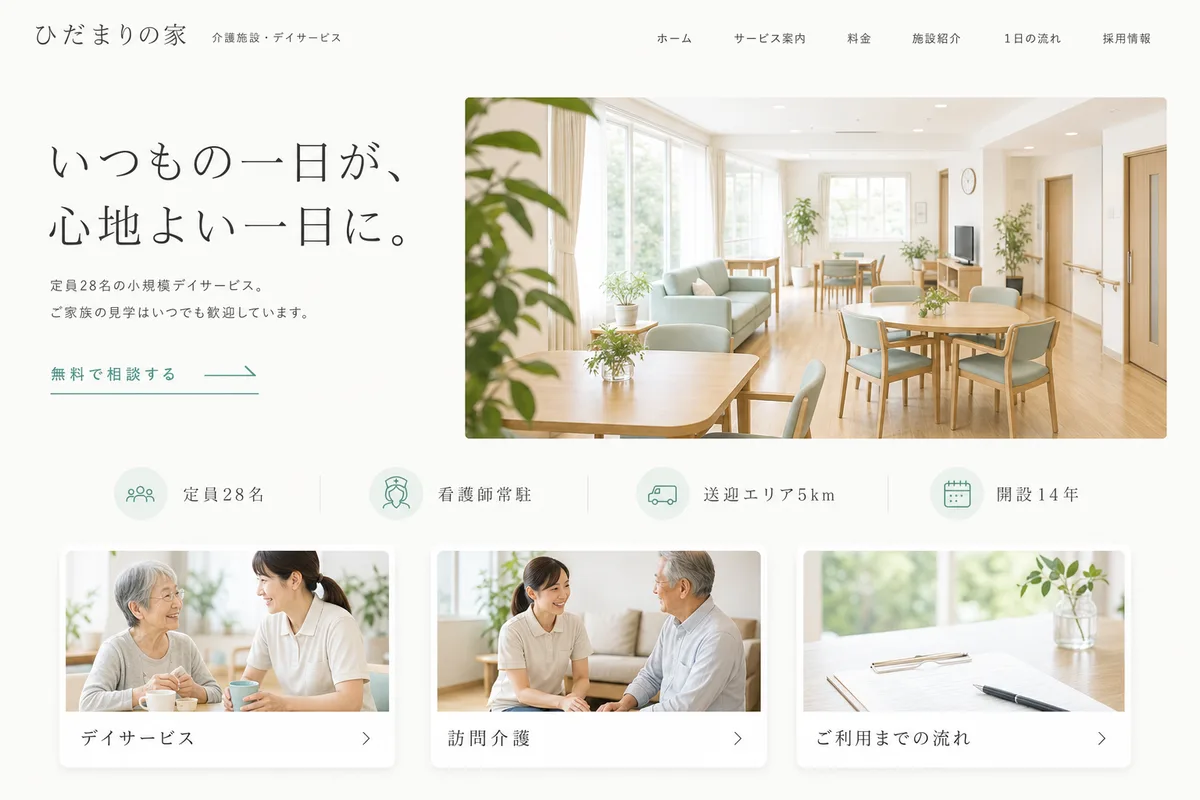 当社が制作する場合のデザイン例（E案：余白を広くとった、静かな白基調）
