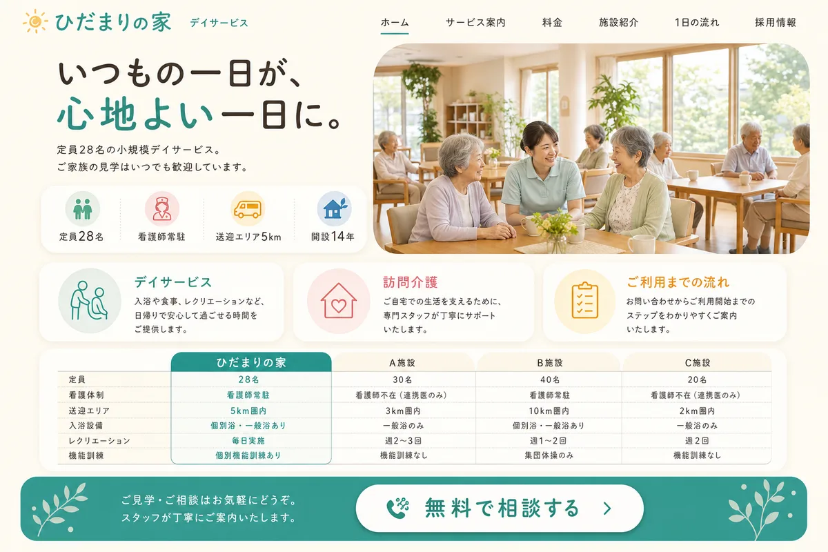 当社が制作する場合のデザイン例（F案：明るい配色と比較表で、選びやすくする型）