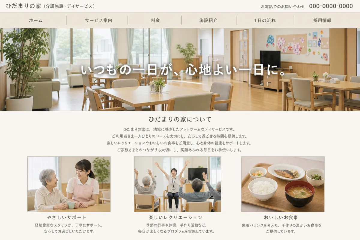 無料テンプレートにありがちな構成の例（写真の上に社名を重ねただけの構成）