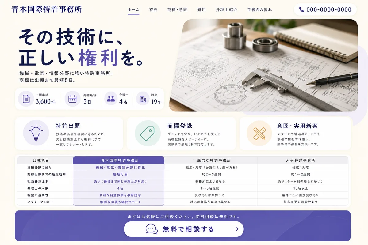当社が制作する場合のデザイン例（F案：明るい配色と比較表で、選びやすくする型）