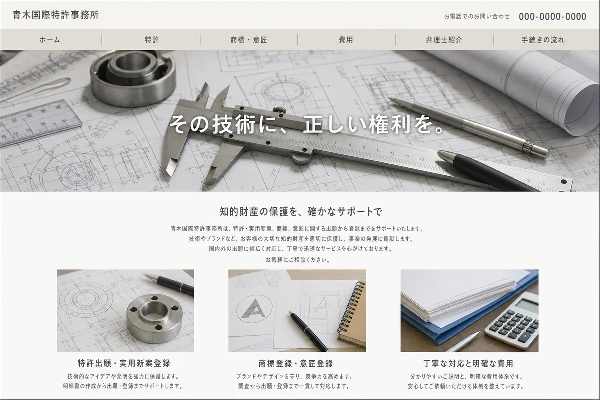 無料テンプレートにありがちな構成の例（写真の上に社名を重ねただけの構成）