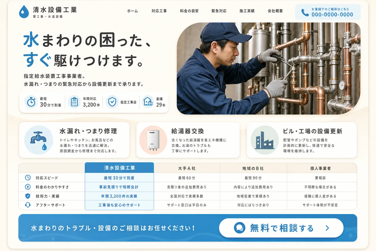 当社が制作する場合のデザイン例(E案:明るい配色と比較表で、選びやすくする型)