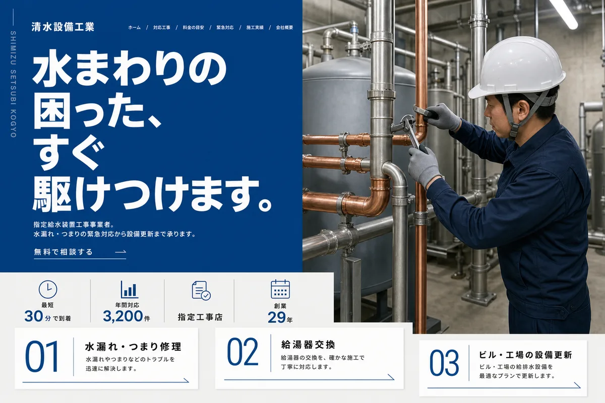 当社が制作する場合のデザイン例(F案:色面と写真を組み合わせ、手順を見せる型)