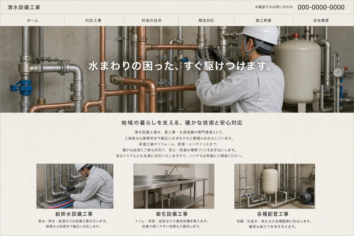 無料テンプレートにありがちな構成の例(写真の上に社名を重ねただけの構成)