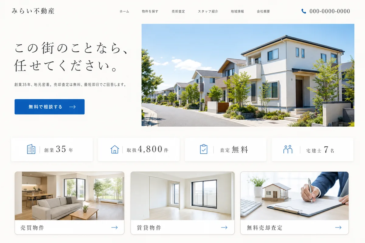 当社が制作する場合のデザイン例（E案：余白を広くとった、静かな白基調）