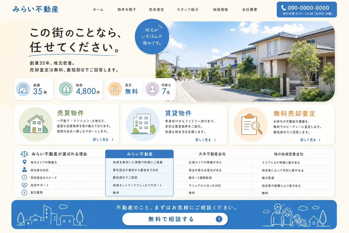当社が制作する場合のデザイン例（F案：明るい配色と比較表で、選びやすくする型）
