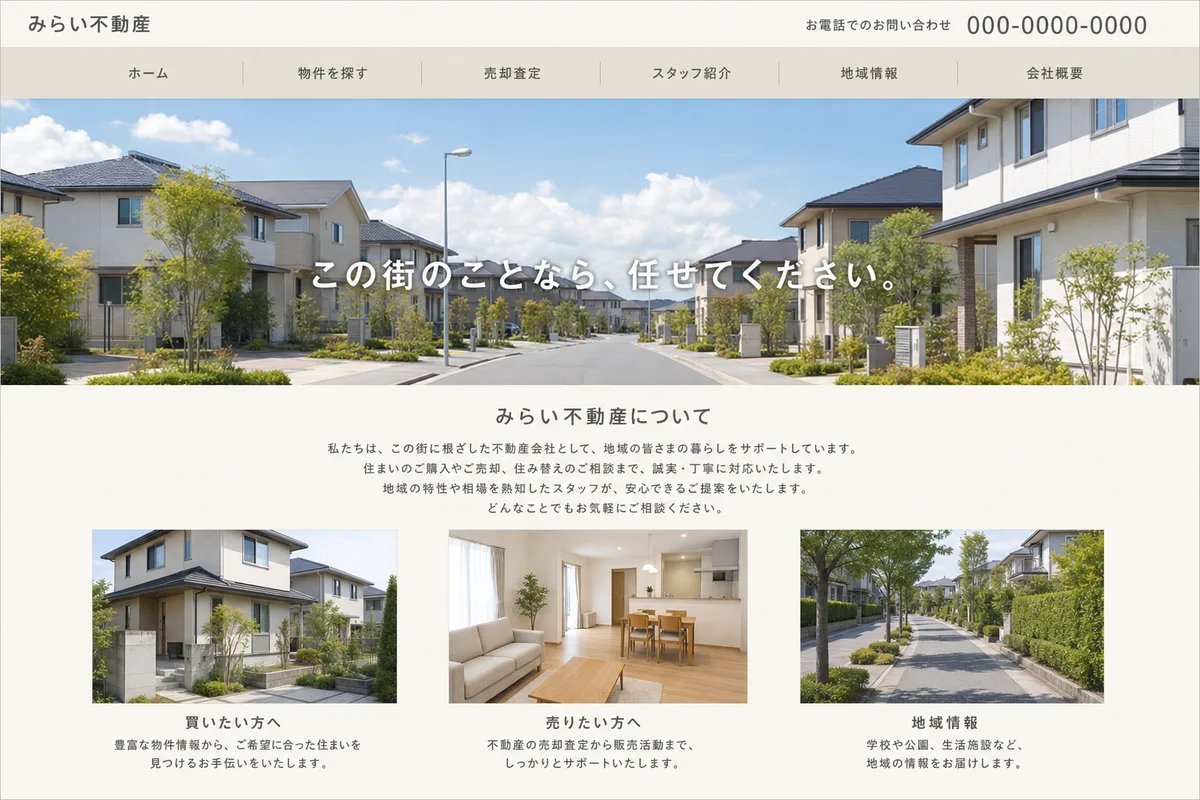 無料テンプレートにありがちな構成の例（写真の上に社名を重ねただけの構成）