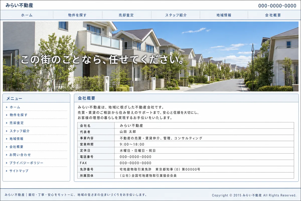 無料テンプレートにありがちな構成の例（情報が均等に並び、優先順位がない構成）
