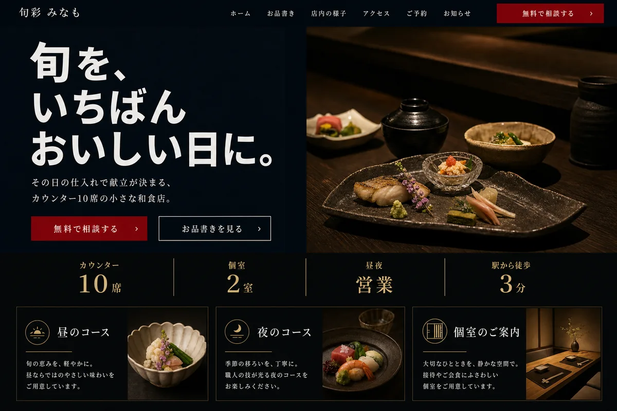 当社が制作する場合のデザイン例（E案：濃色の面と数字で、実績から入る型）
