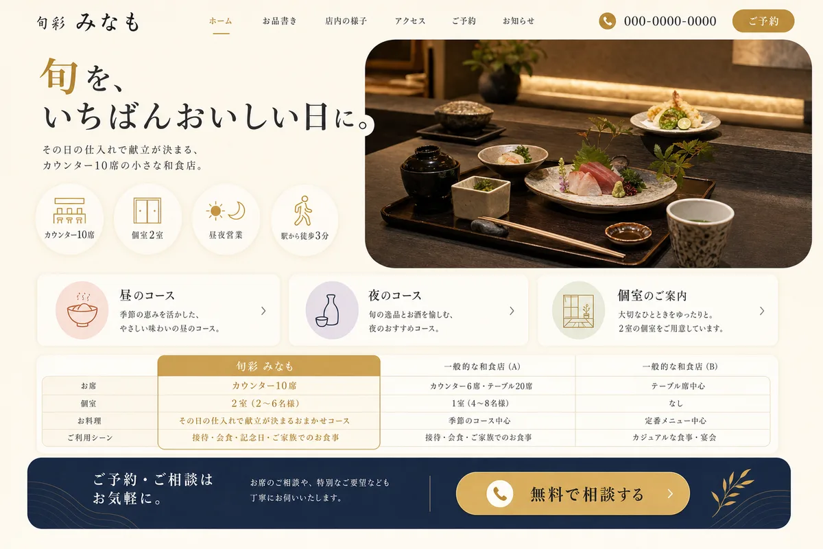 当社が制作する場合のデザイン例（G案：明るい配色と比較表で、選びやすくする型）