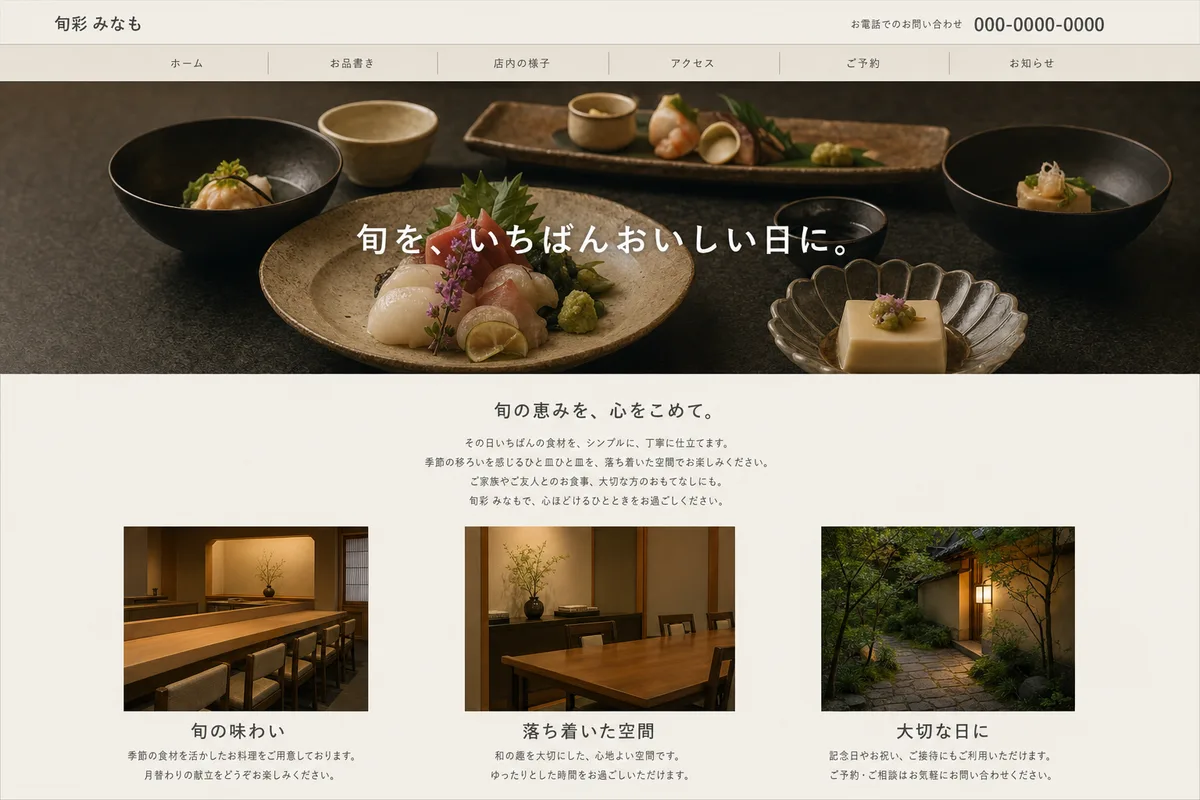 無料テンプレートにありがちな構成の例（写真の上に社名を重ねただけの構成）