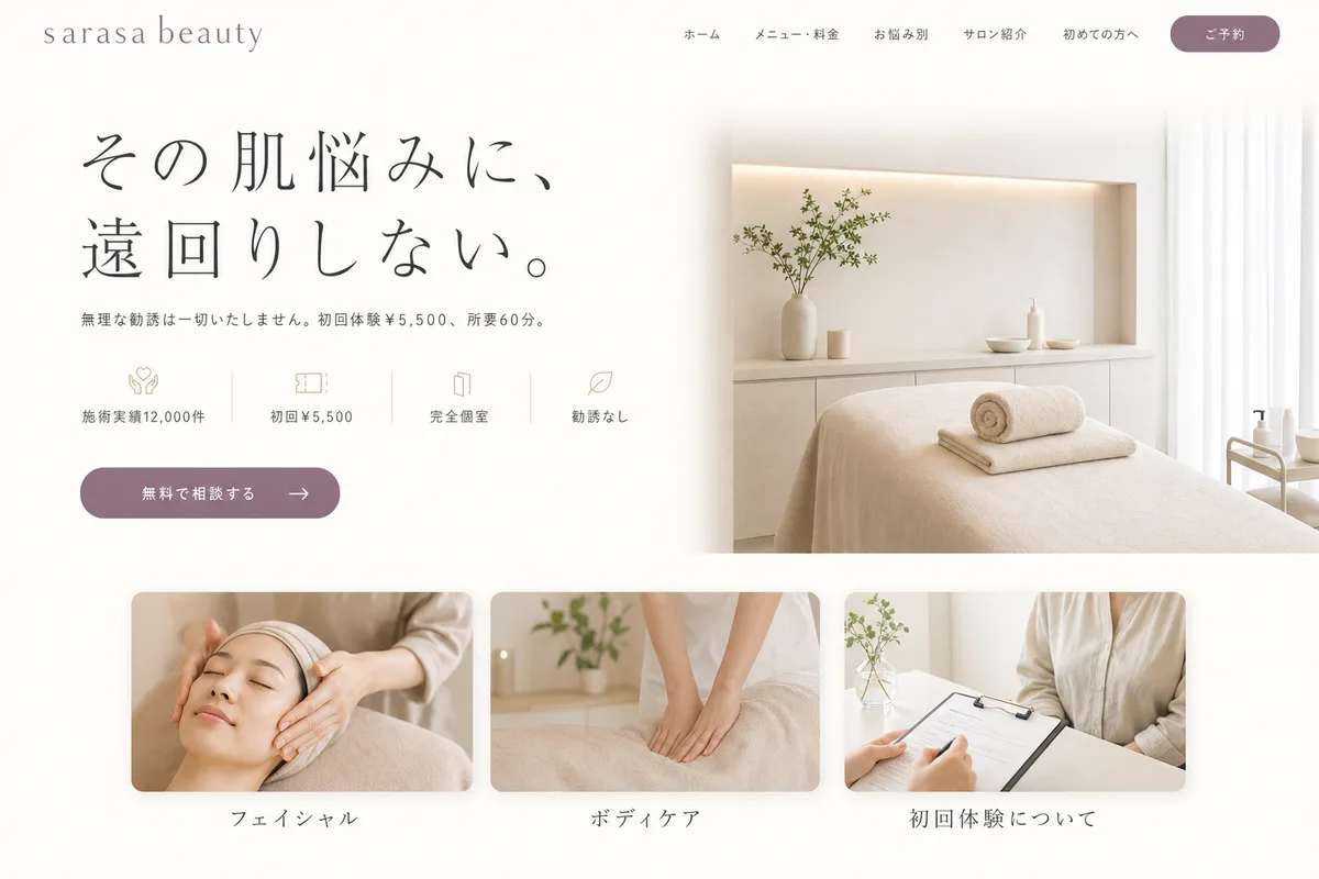 当社が制作する場合のデザイン例（E案：余白を広くとった、静かな白基調）