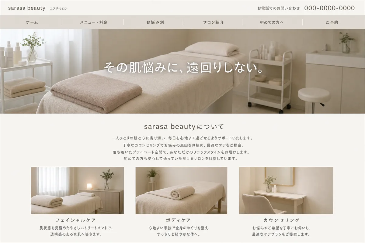 無料テンプレートにありがちな構成の例（写真の上に社名を重ねただけの構成）