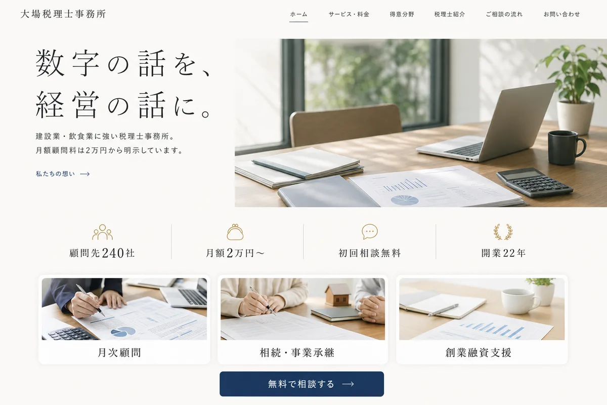当社が制作する場合のデザイン例（E案：余白を広くとった、静かな白基調）
