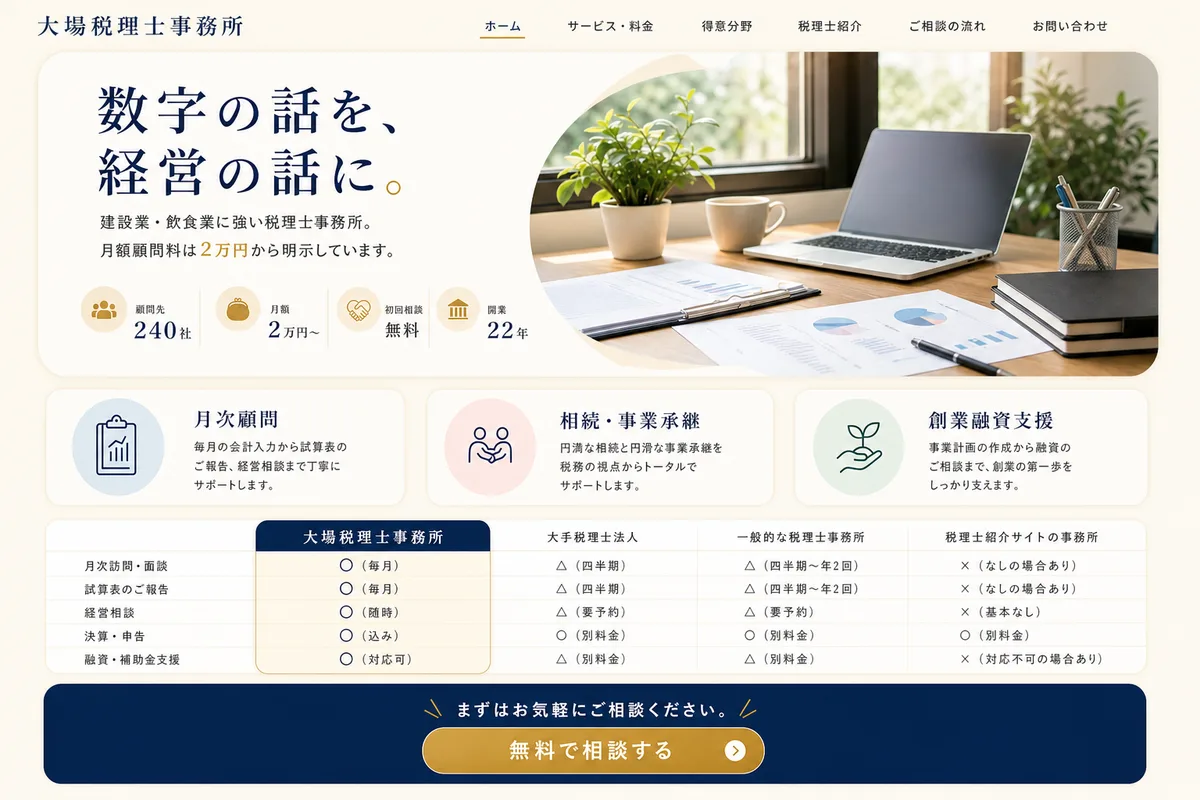 当社が制作する場合のデザイン例（F案：明るい配色と比較表で、選びやすくする型）