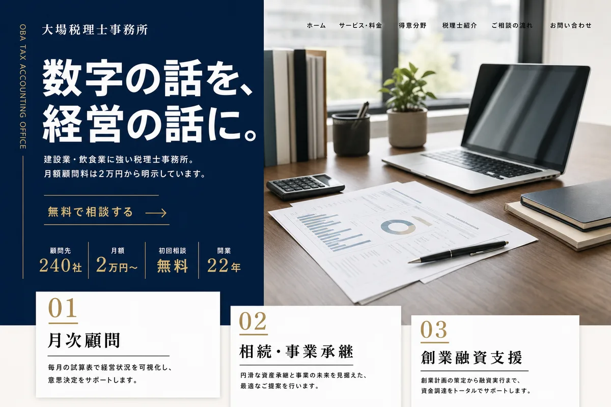当社が制作する場合のデザイン例（G案：色面と写真を組み合わせ、手順を見せる型）