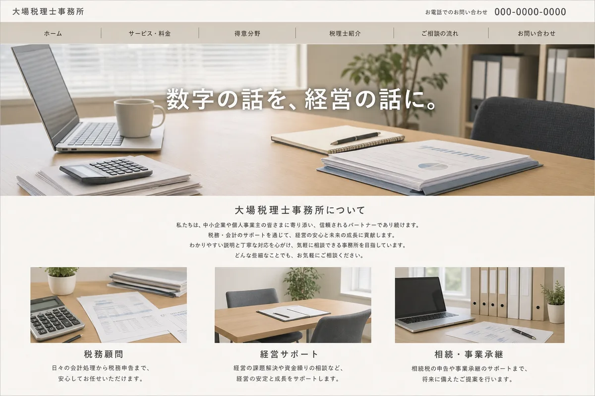 無料テンプレートにありがちな構成の例（写真の上に社名を重ねただけの構成）