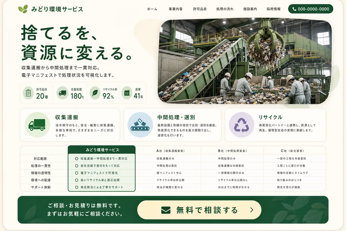 当社が制作する場合のデザイン例(F案:明るい配色と比較表で、選びやすくする型)