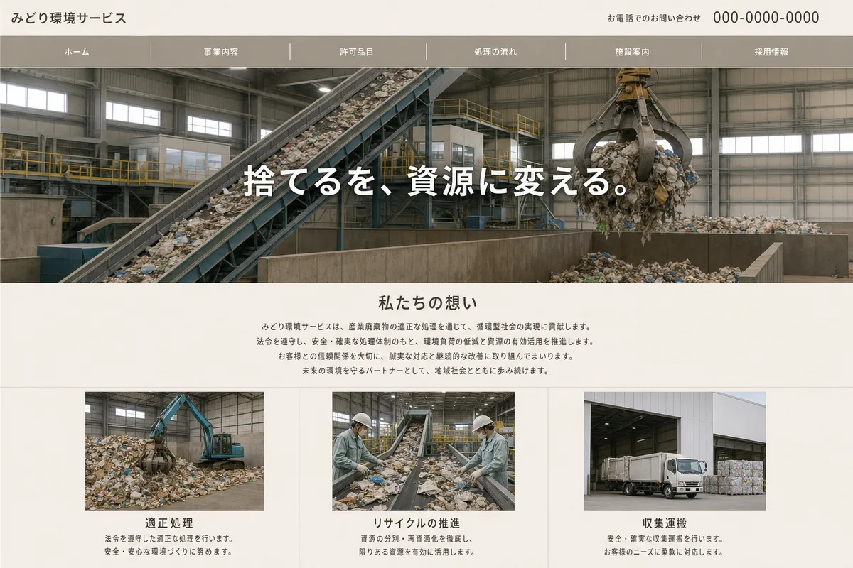 無料テンプレートにありがちな構成の例(写真の上に社名を重ねただけの構成)